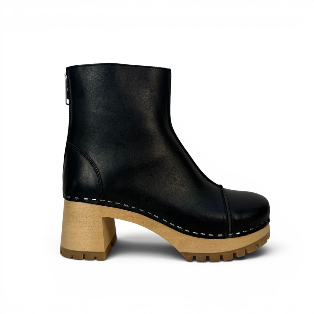 Swedish Hasbeens Stitchy Ankle Boots Womens 7 EU 37  Black Leather Wood Platform